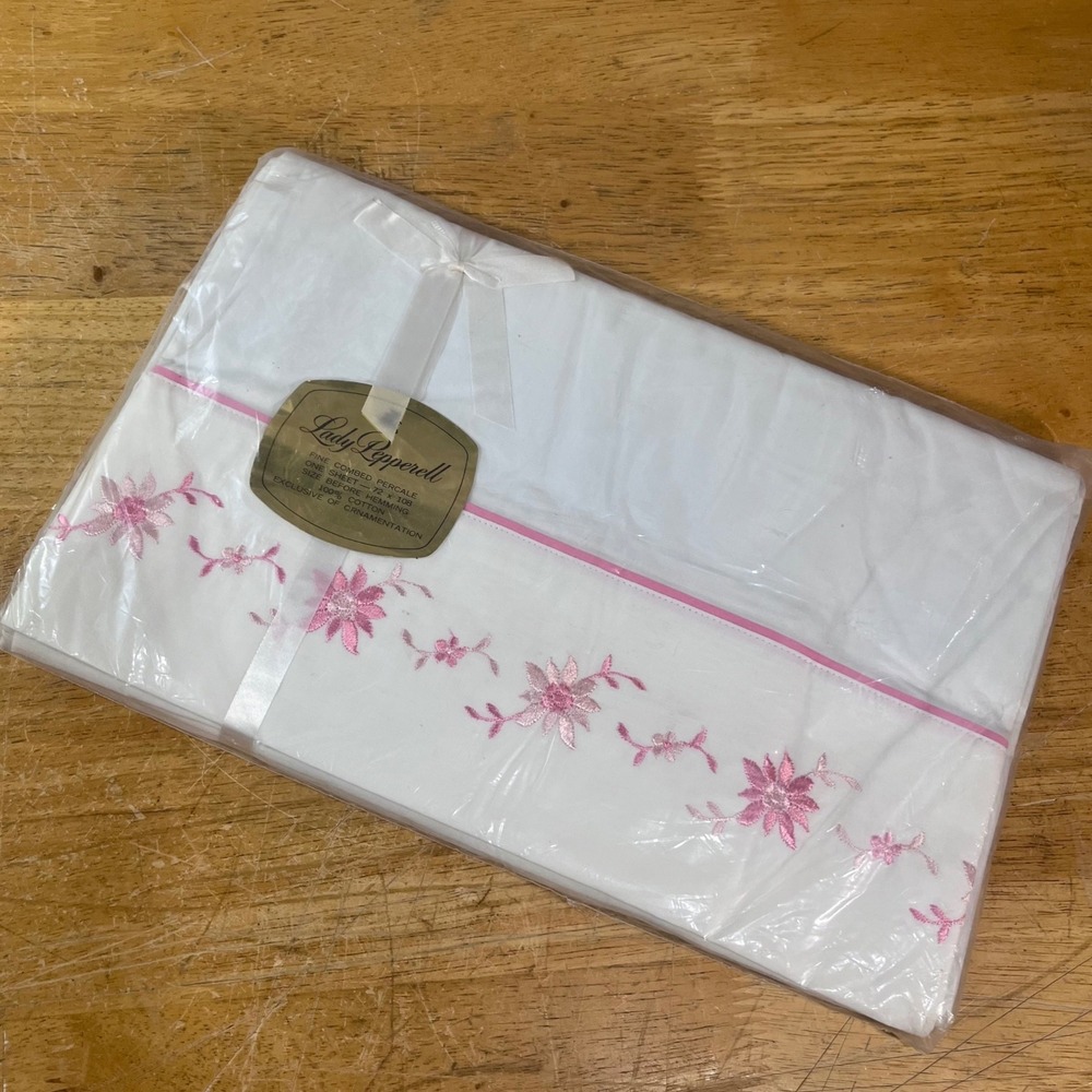 Lady Pepperell Flat Sheet Twin White Pink Vtg Floral Embroidered Cotton Percale